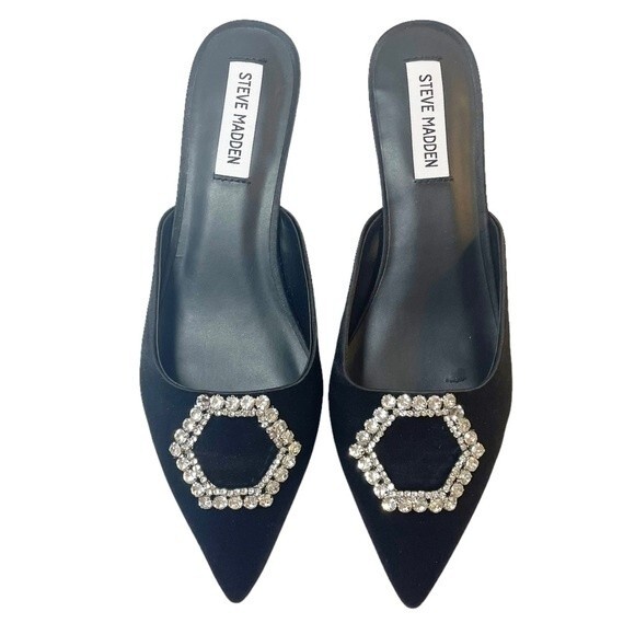 NWT Steve Madden Kees Black Satin Rhinestone Buckle Kitten Heel Mule Size 8.5 - Picture 3 of 16